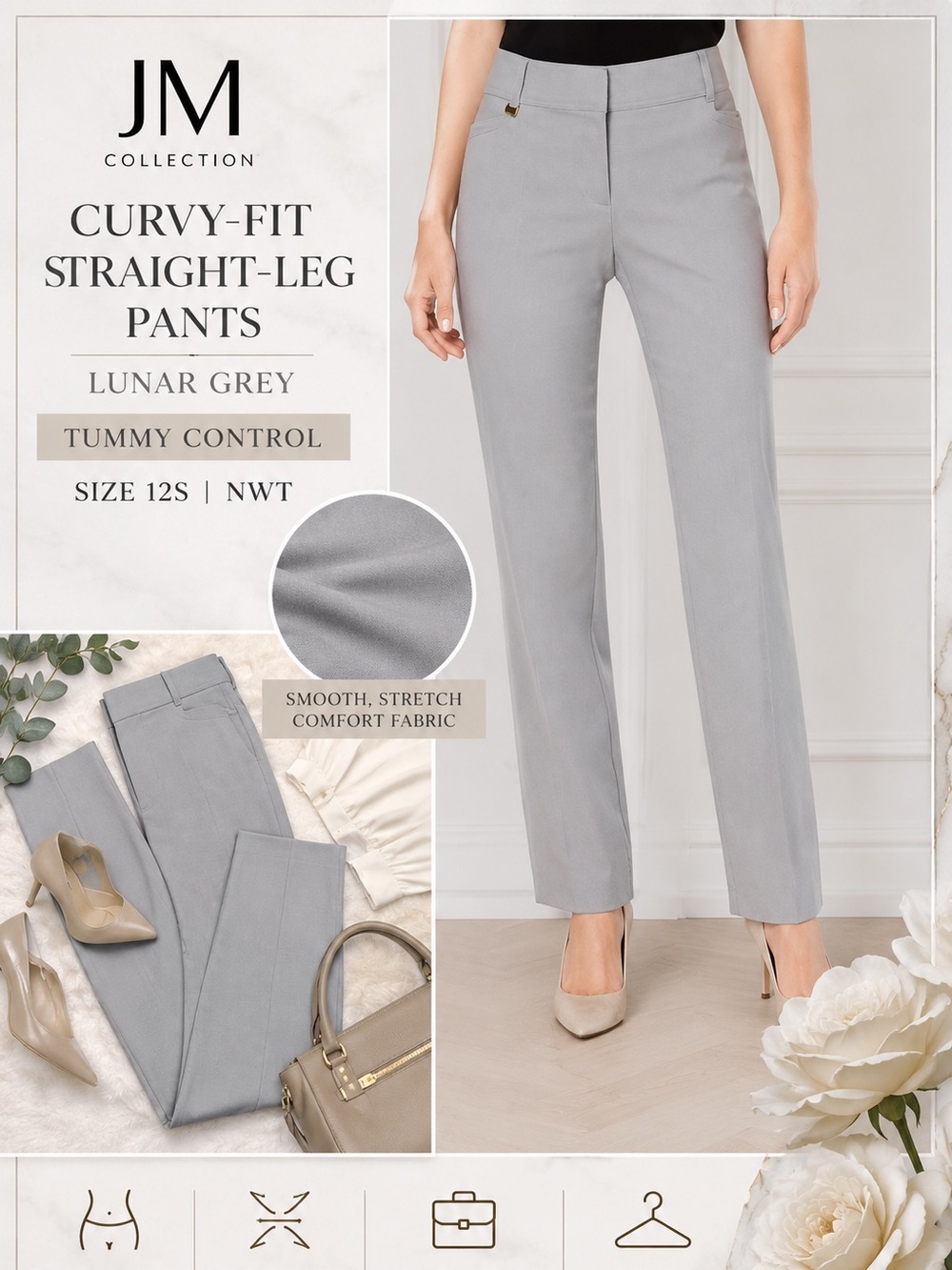 JM Collection Straight Leg Pants 12S NWT Lunar Gray Tummy Control Stretch